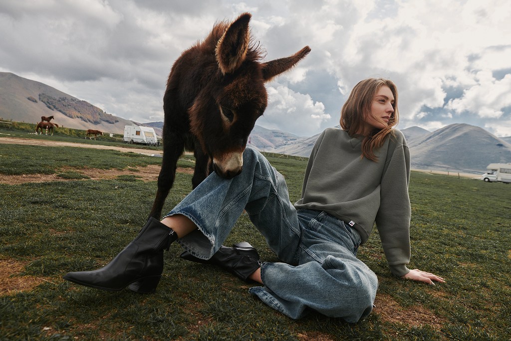 Woman in a grey sweatshirt and wide-leg jeans sits in a grassy field next to a brown donkey, with mountains and an RV in the background.