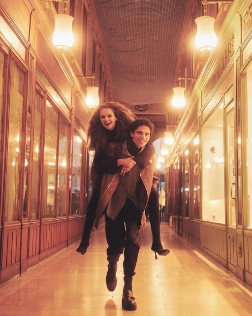 A happy couple in a warmly lit indoor hallway; the man gives the woman a piggyback ride as they smile towards the camera.