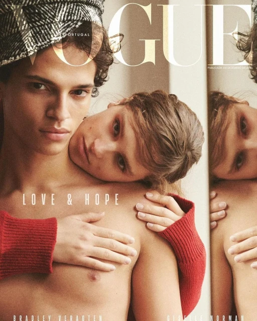 Vogue Portugal magazine cover featuring two light-skinned models, one wearing a black and white checkered hat and a red knit sleeve.
