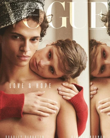 Vogue Portugal magazine cover featuring two light-skinned models, one wearing a black and white checkered hat and a red knit sleeve.