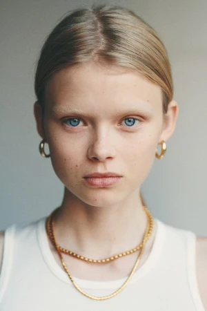Close-up portrait of a young woman with blonde hair, blue eyes, wearing gold hoop earrings and layered chain necklaces, by Alessio Albi.