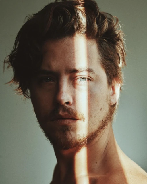 Portrait of adult male with light-brown wavy hair, fair skin, and facial stubble, wearing no shirt, with bright lighting on face.
