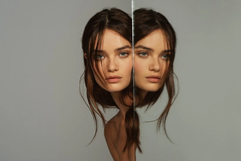 Headshot of a young adult woman with long brown hair in a beauty style pose reflected in a vertical mirror against a grey background.