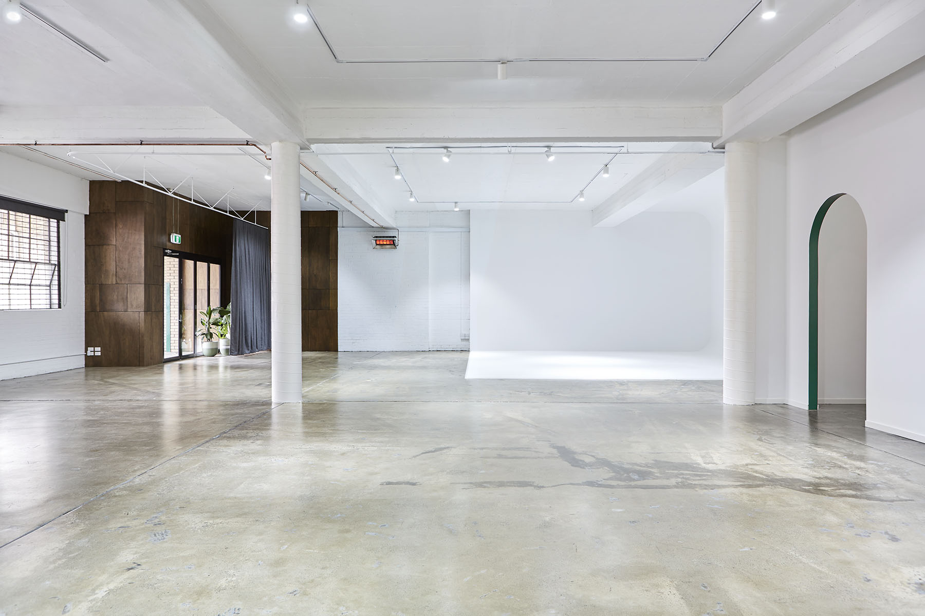 Bright and spacious studio space with concrete floors and white walls, featuring a dark wood accent wall and plant, bathed in natural light.