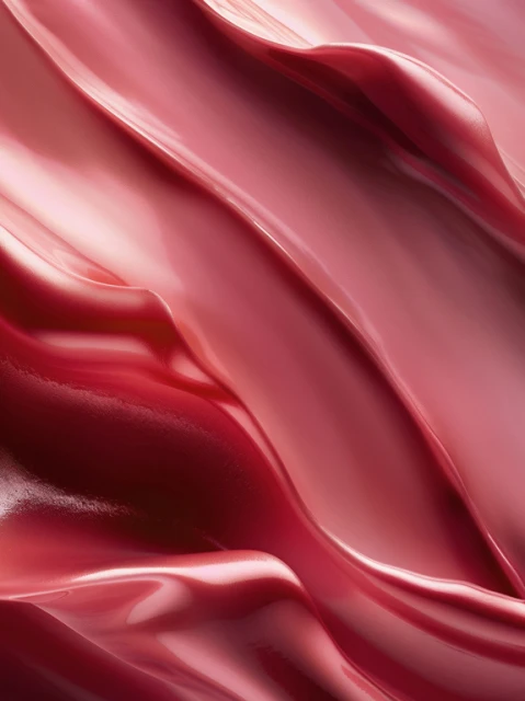 Close-up shot of a glossy pink surface with a textured, folded pattern and a reflective sheen, creating a visually appealing abstract composition.