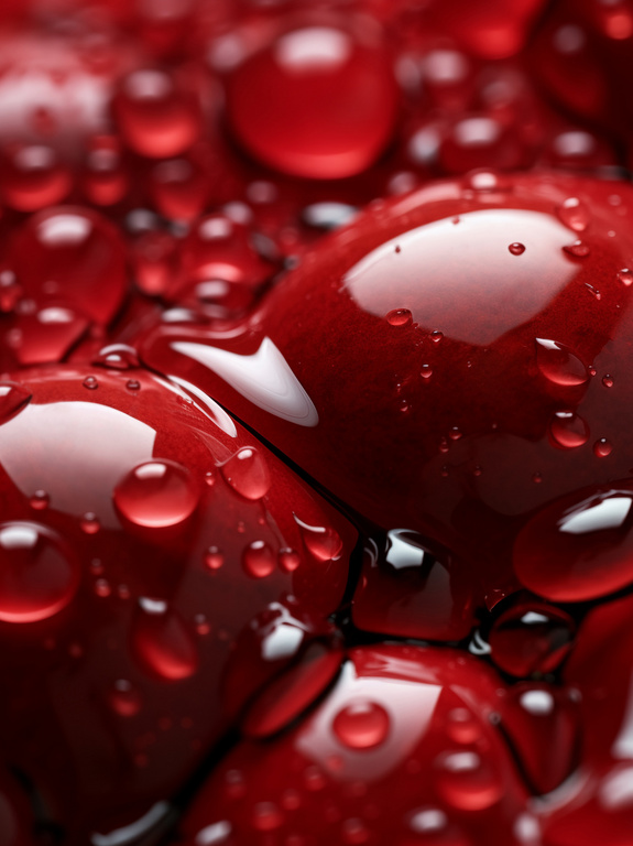 Close-up of vibrant red, clustered berries glistening with tiny water droplets, showcasing their plump texture and brilliant color.