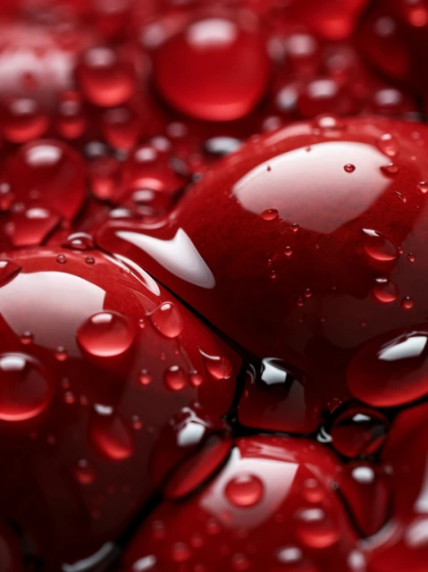 Close-up of vibrant red, clustered berries glistening with tiny water droplets, showcasing their plump texture and brilliant color.