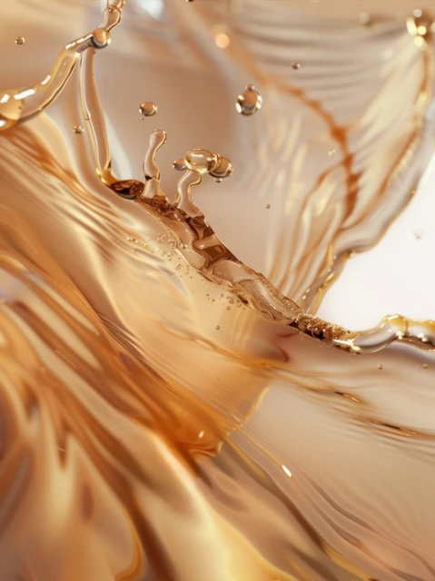 Close-up of golden liquid splash with droplets against a white background, showcasing dynamic movement and smooth texture.