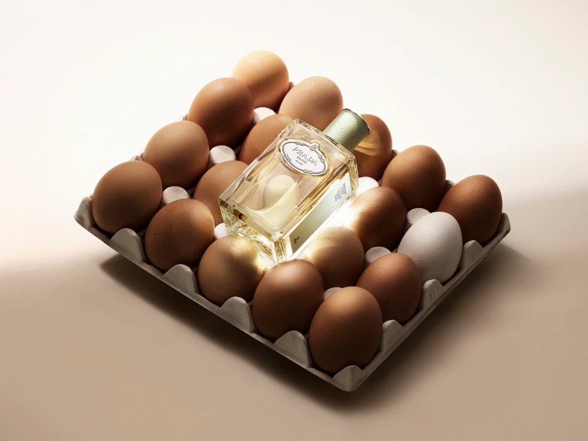 Perfume bottle by Prada set amidst a carton of brown eggs with one white egg, studio lighting, soft shadows, and a neutral background.