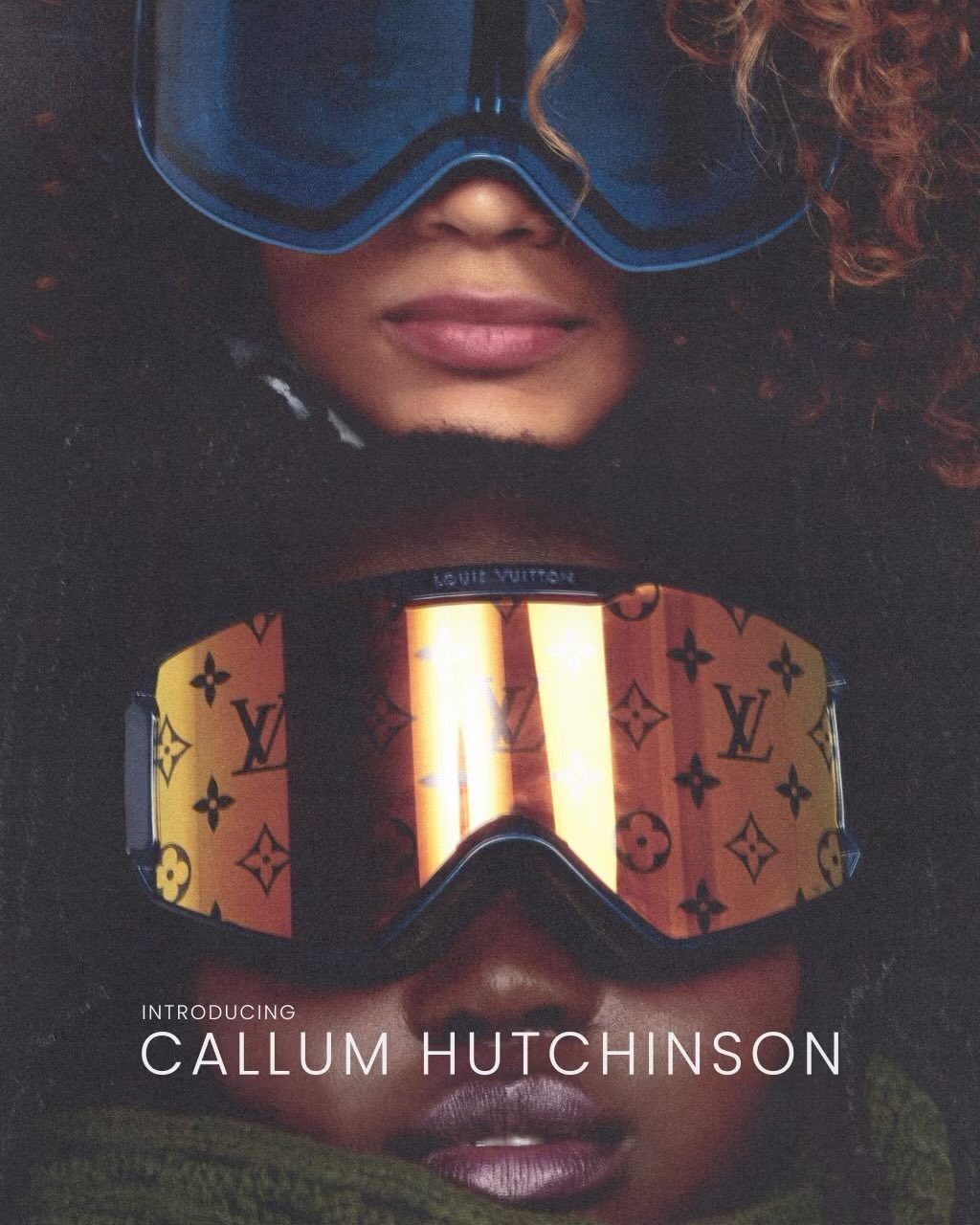 Fashion advertisement featuring two women wearing Louis Vuitton ski goggles. One woman has blonde curly hair; the other has dark skin.