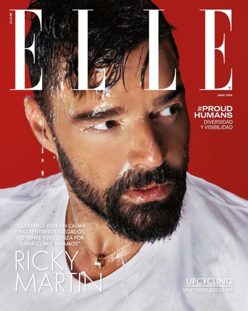 Close-up magazine cover featuring Ricky Martin with wet hair against a red backdrop, showcasing the 'ELLE' logo and various text elements.