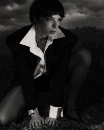 Woman in dark jacket and white collared shirt crouching outdoors under a dramatic cloudy sky
