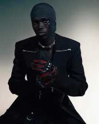 Portrait of a black man wearing a dark balaclava, black jacket, and red-trimmed riding gloves by Callum Walker Hutchinson