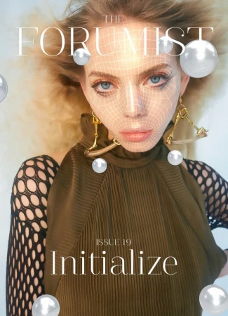 Close-up portrait of a woman with a digital wireframe mesh overlay on her face, wearing a high-neck olive green pleated top and pearl graphics.