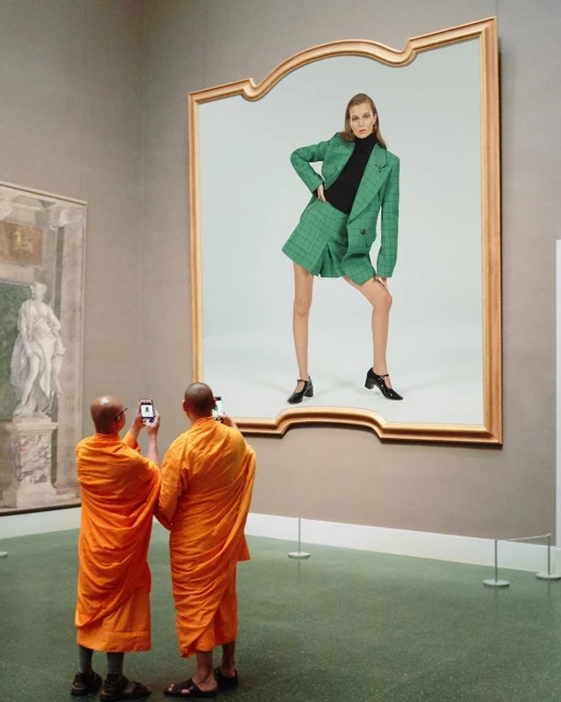 Monks photograph a fashion shot in a museum. A model in a green plaid suit poses inside an ornate gold frame, set against a gray wall.