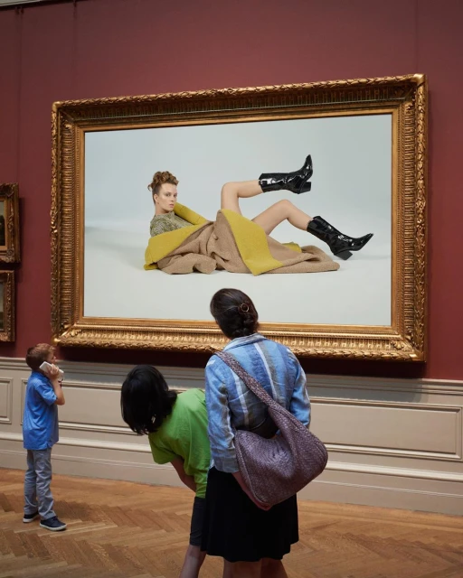 A woman in boots lies on a canvas in an art museum, viewed by three museum visitors, including two children and a woman.