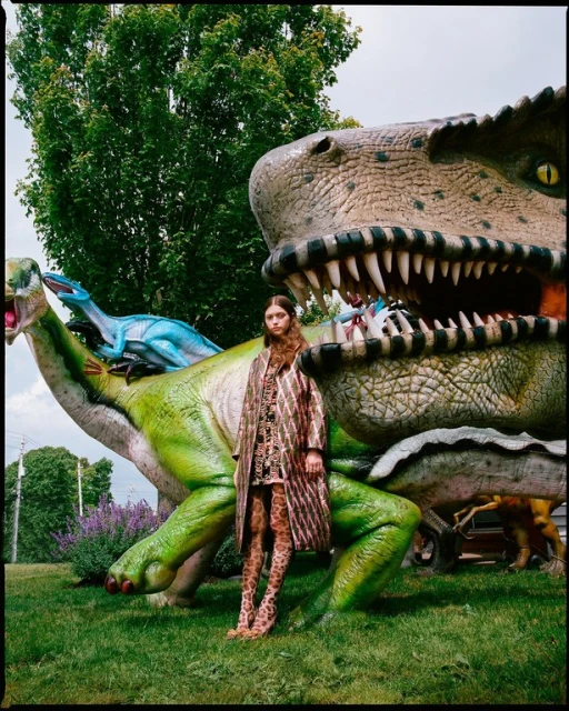Adult female poses in printed coat and tights, with decorative dinosaur statues, outdoors on a green grass lawn, overcast sky.