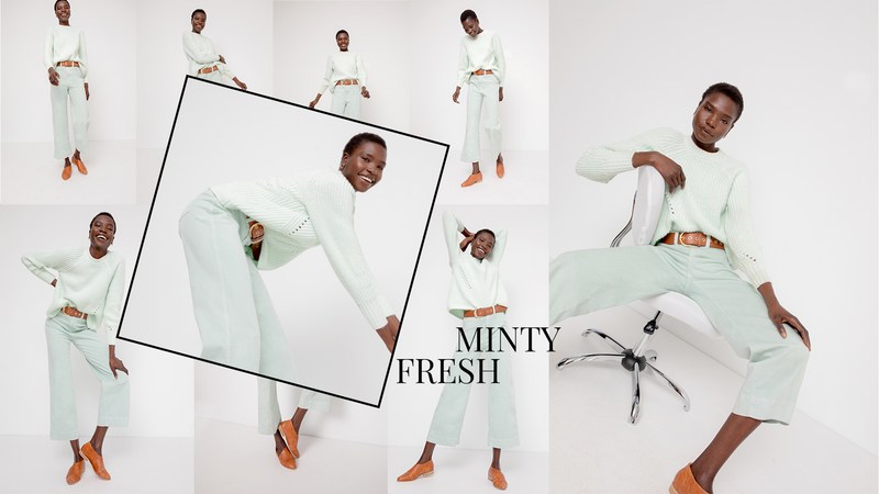 Collage of fashion photographs featuring a black woman in a pale mint green sweater, light pants, and brown leather shoes.