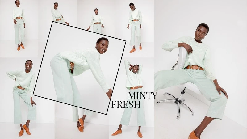 Collage of fashion photographs featuring a black woman in a pale mint green sweater, light pants, and brown leather shoes.