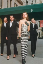 Four women posing outside a hotel entrance, with one central figure in a strapless striped gown flanked by women in black suits.