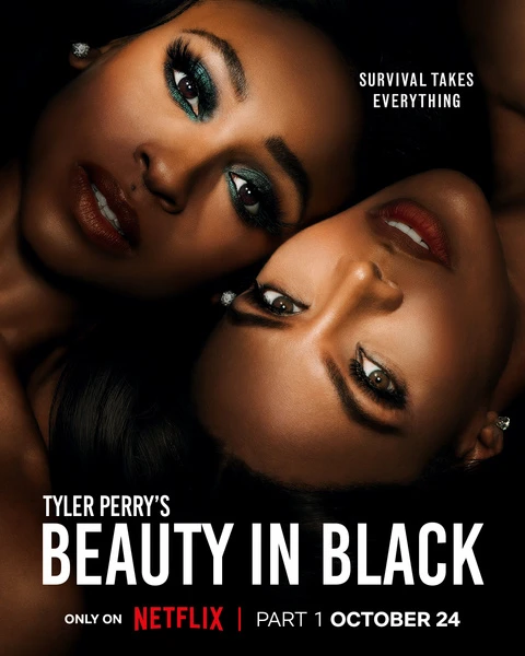 Movie poster featuring two dark-skinned adult females with elegant makeup and jewelry. The poster promotes a film titled 'Beauty in Black'.