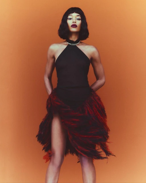 A stunning African-American woman poses in a sleeveless black dress with a fringed skirt against an orange backdrop in a studio shot.