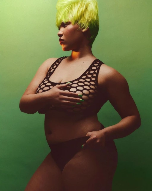 Portrait of a plus-size woman with neon green hair and black lingerie posing against a green studio backdrop with soft, diffused lighting.