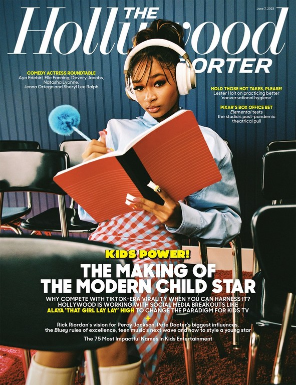 Magazine cover featuring a young adult with headphones, red book, and writing tool, seated among black chairs against a blue background.