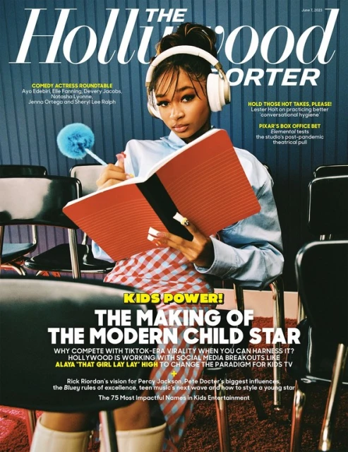 Magazine cover featuring a young adult with headphones, red book, and writing tool, seated among black chairs against a blue background.