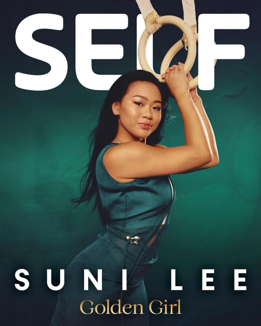 Portrait of gymnast Sunisa Lee on a magazine cover, posing with gymnastic rings, wearing a teal outfit, against a green backdrop.