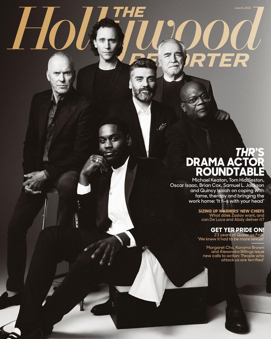 The Hollywood Reporter cover featuring Michael Keaton, Tom Hiddleston, Oscar Isaac, Brian Cox, Samuel L. Jackson, and Yahya Abdul-Mateen II.