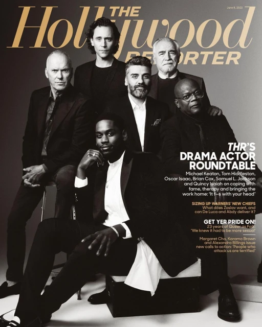 The Hollywood Reporter cover featuring Michael Keaton, Tom Hiddleston, Oscar Isaac, Brian Cox, Samuel L. Jackson, and Yahya Abdul-Mateen II.