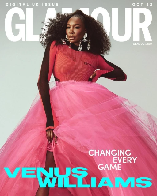 Glamour cover featuring Venus Williams in a pink tulle gown, posing in front of a neutral background with magazine text overlays.
