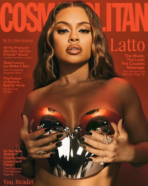 Cosmopolitan magazine cover featuring Latto with glossy copper tone, metallic top, statement rings, dark nails, and modern typography.