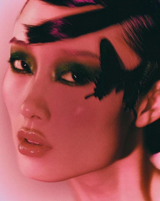 Close-up studio shot of a woman with dark hair, heavy green eye makeup, and a black butterfly accessory near her eye. Pink-toned lighting.