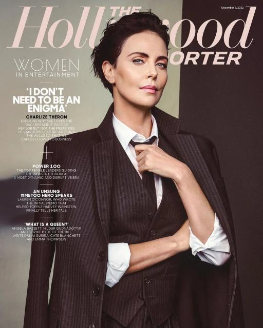Charlize Theron magazine cover portrait. Hollywood Reporter features actress in pinstripe suit, crisp white shirt, and black tie.