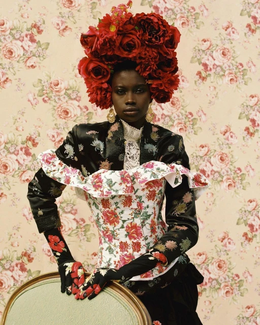 Elegant portrait of a Black woman in floral attire and red rose headpiece against a floral wallpaper backdrop in a studio setting.