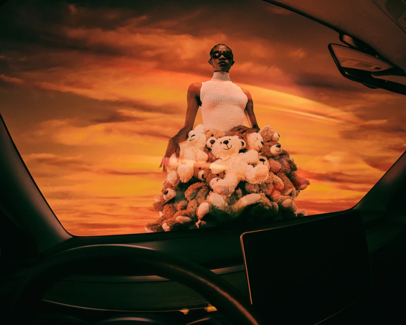 A woman with dark skin and sunglasses poses, wearing a white top and a skirt made of stuffed teddy bears, against an orange sunset sky.