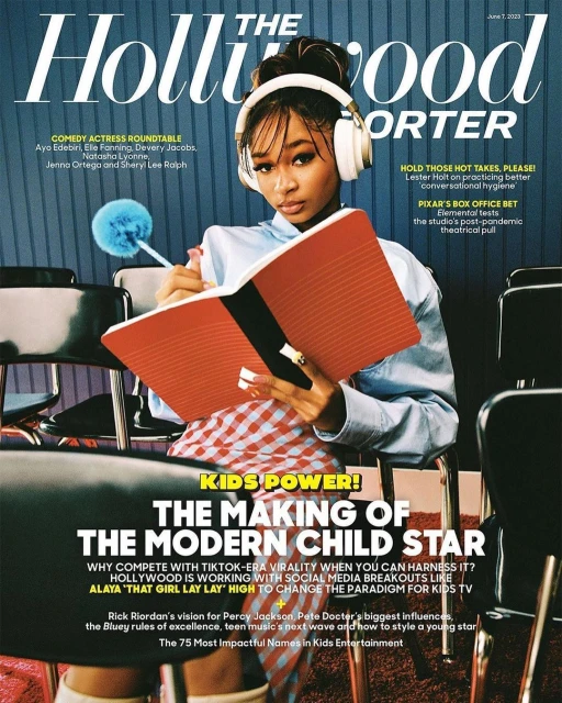 The Hollywood Reporter cover featuring a young woman with headphones writing in a notebook, promoting the making of a modern child star.