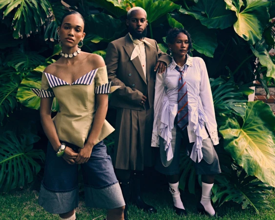 Three models posing outdoors among lush green tropical leaves, photographed by Chrisean Rose.