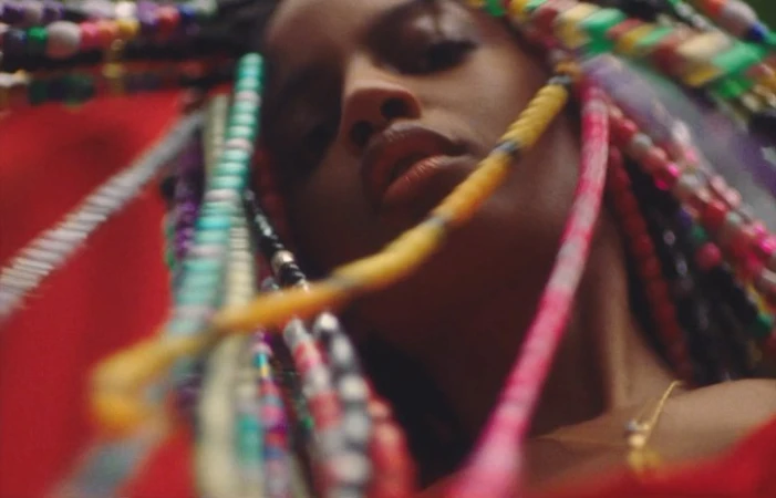 Close-up of a woman with multicolored braids and a gold necklace, with a blurred red and green background.
