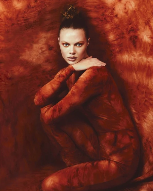 Portrait of a woman in a long-sleeved jumpsuit crouching against a mottled red background, wearing a floral hairpiece in an indoor environment.