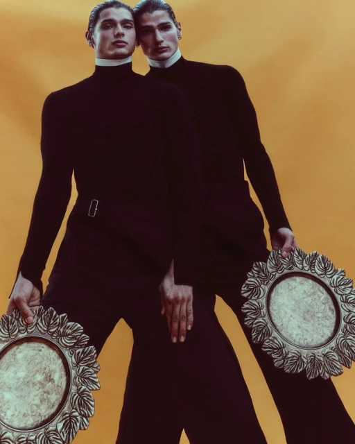 Two adult male fashion models pose in black turtlenecks and pants, holding decorative plates, set against a yellow background in studio lighting.
