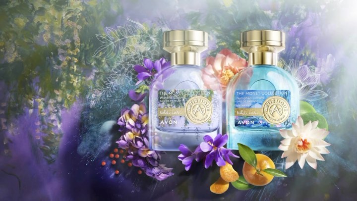 Two perfume bottles from The Monet Collection by Avon are displayed against a floral background with wisteria and water lilies.