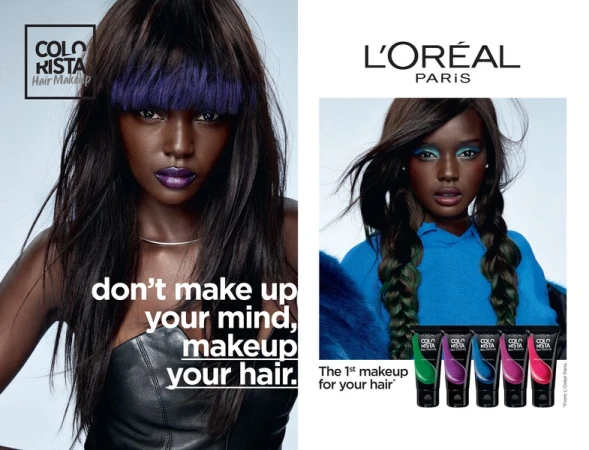 Cosmetic advertisement featuring a Black female model with vibrant purple hair and makeup alongside a matching tube of L'Oréal Colorista hair makeup.
