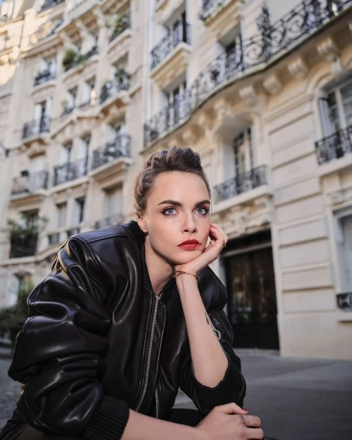 Adult woman poses in front of light stone building with black wrought-iron balconies; wearing black bomber jacket, Paris city street.