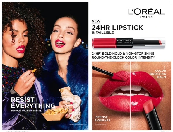 Two women pose with red lipstick in a beauty ad for L'Oréal Infallible 24HR Lipstick, showcasing vibrant color and long-lasting shine.
