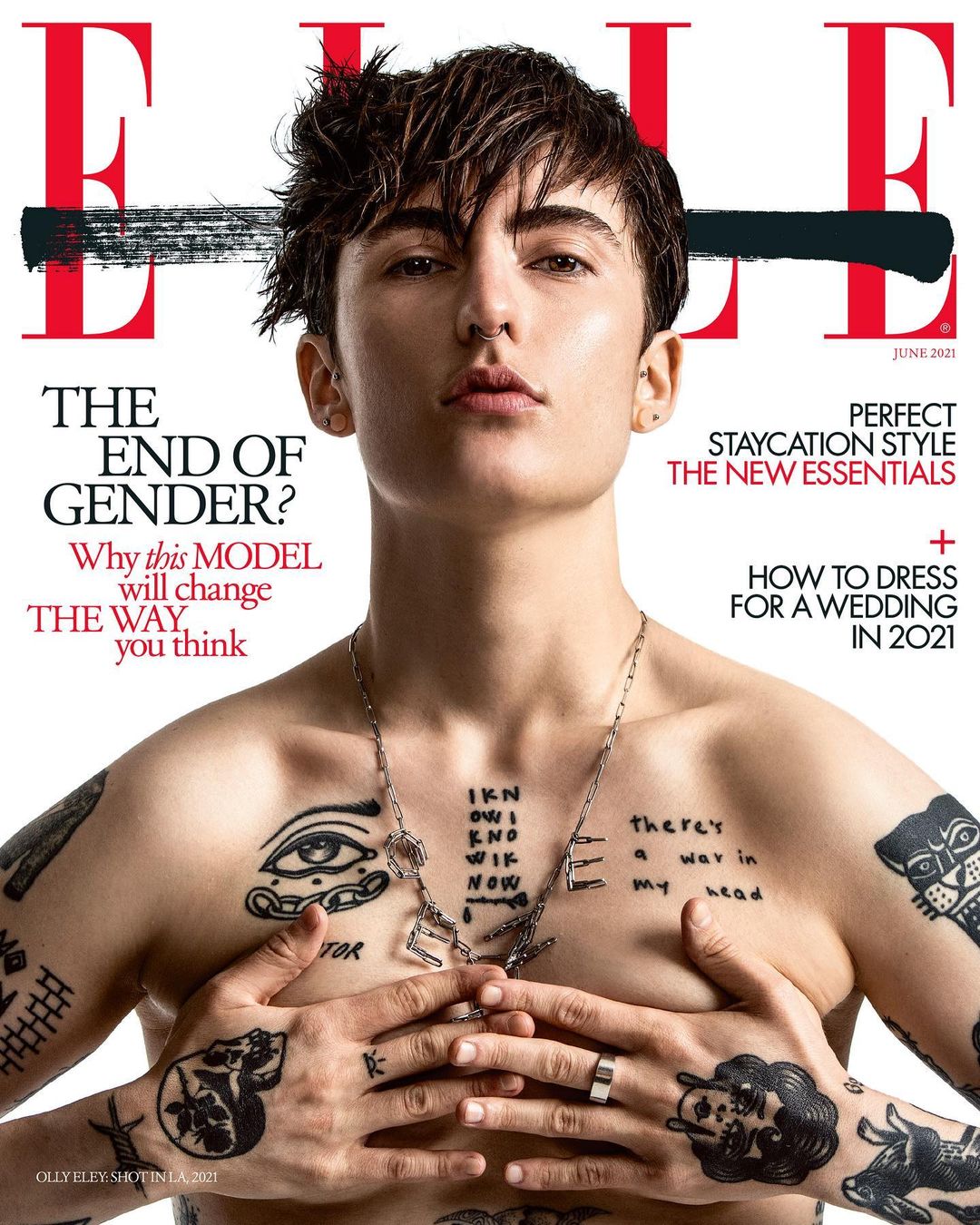 Magazine cover featuring a tattooed person. The cover promotes the theme 'The End of Gender?' along with fashion and wedding style content.