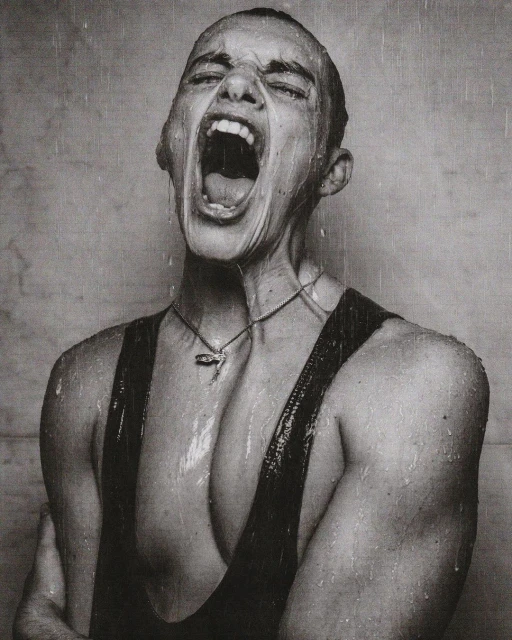 Monochrome portrait of a young adult with short hair, mouth wide open screaming in the rain, wearing a tank top and necklace.