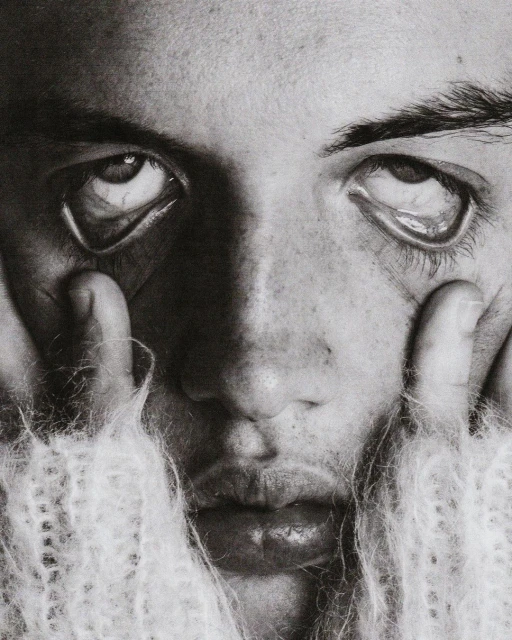 Close-up monochrome portrait of a person with hands near the face, looking upwards, wearing a textured sweater, conveying a fine-art aesthetic.